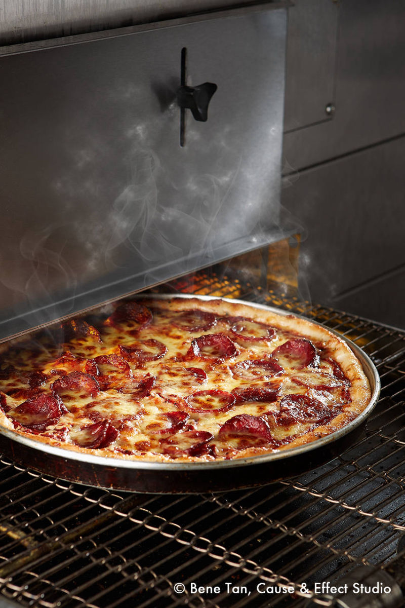 Beef pepperoni pizza out from oven