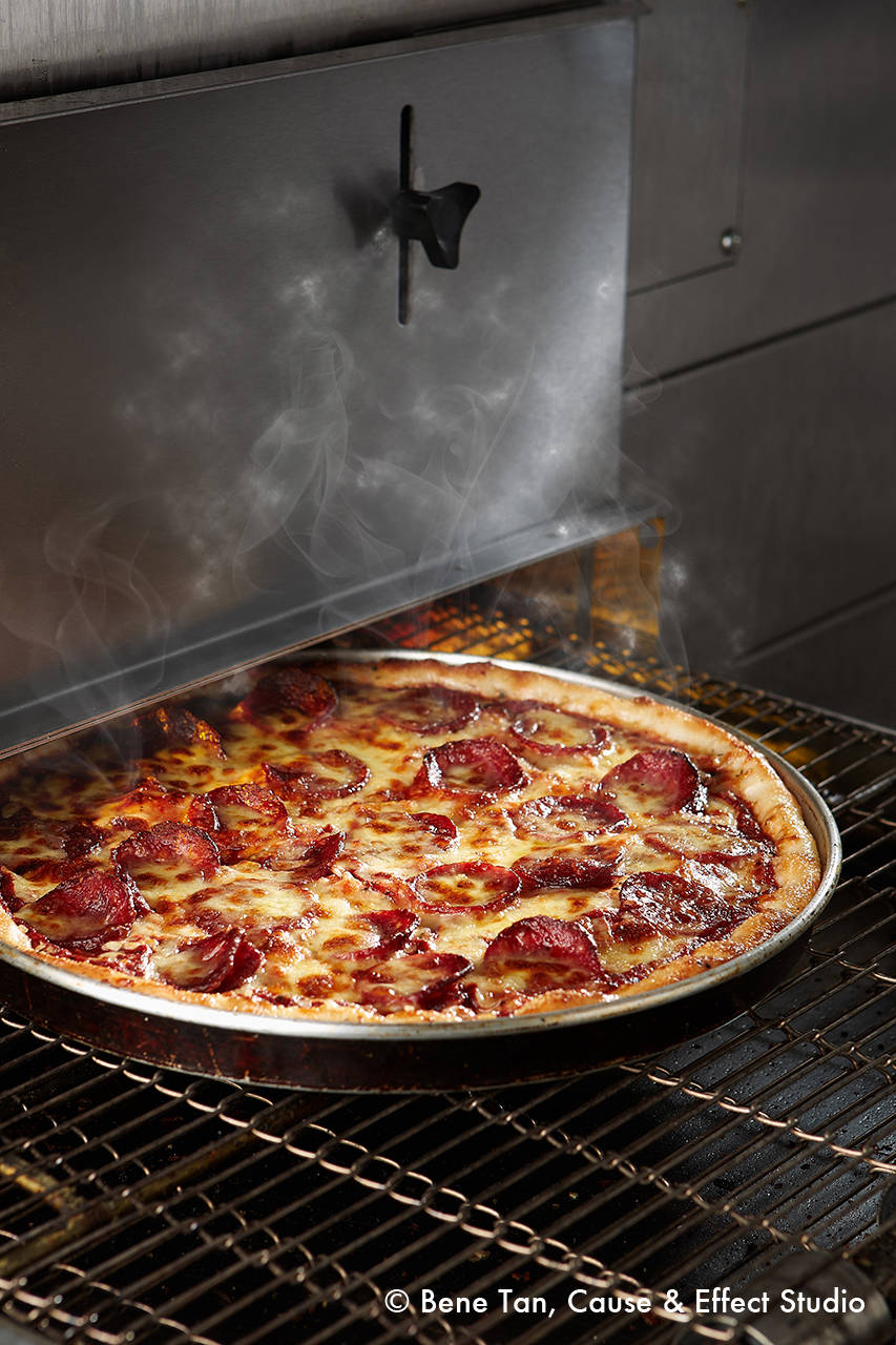 Beef pepperoni pizza out from oven